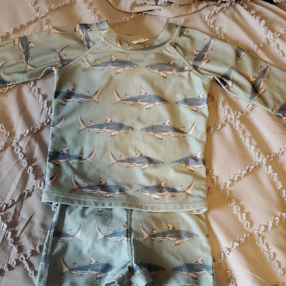 kate quinn Mint Green Shark Print Kids Swim Set